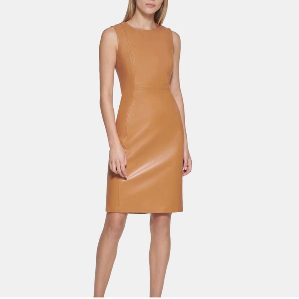 Calvin Klein Faux Leather Bodycon Sheath Dress | Womens 10 Tan NWT $139 - Picture 2 of 6